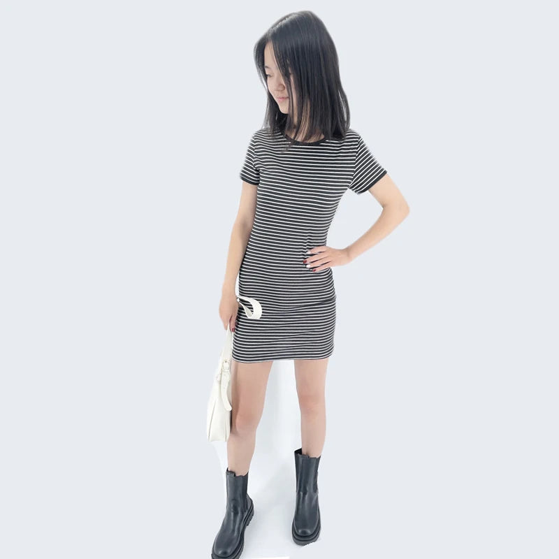 Robe d'été à manches courtes, col rond, à rayures noires et blanches, décontractée, élégante, fourreau, Slim, Stock