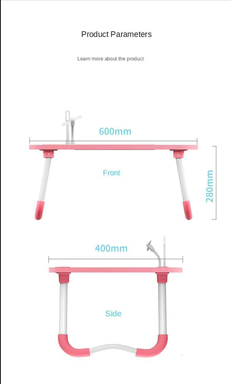 Tablette portable rose avec dimensions 600x400mm, support pliable pour lit ou canapé, design compact et pratique