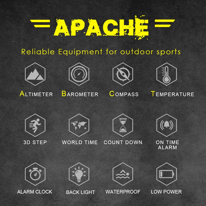 Montre Apache outdoor avec altimètre, boussole, étanche, alarme et lumière