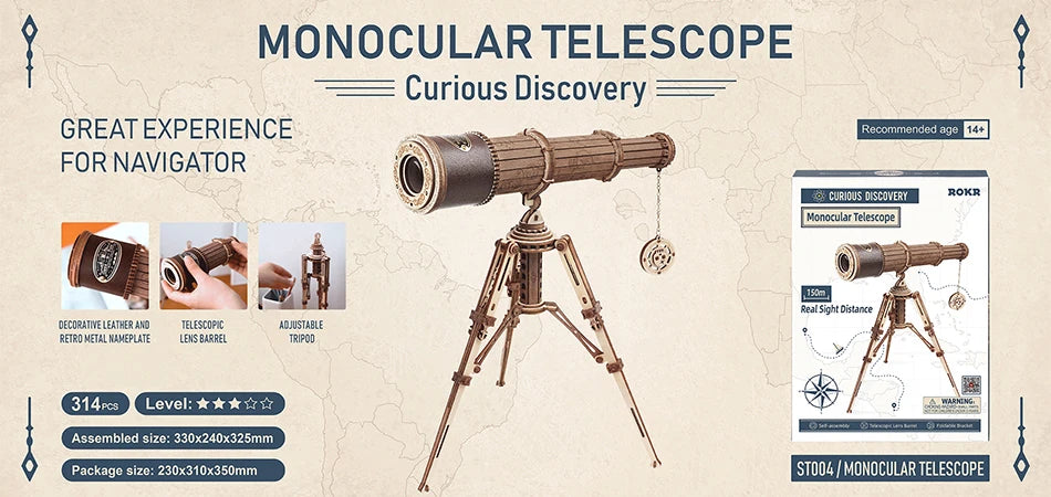 Télescope monoculaire en bois avec trépied ajustable, idéal pour la découverte curieuse et les navigateurs