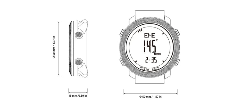 Montre numérique outdoor avec boussole, affichage COMP et North Edge, design robuste 50 mm