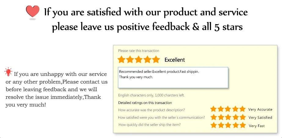 Demande de feedback client avec évaluation 5 étoiles pour produit high-tech et service rapide