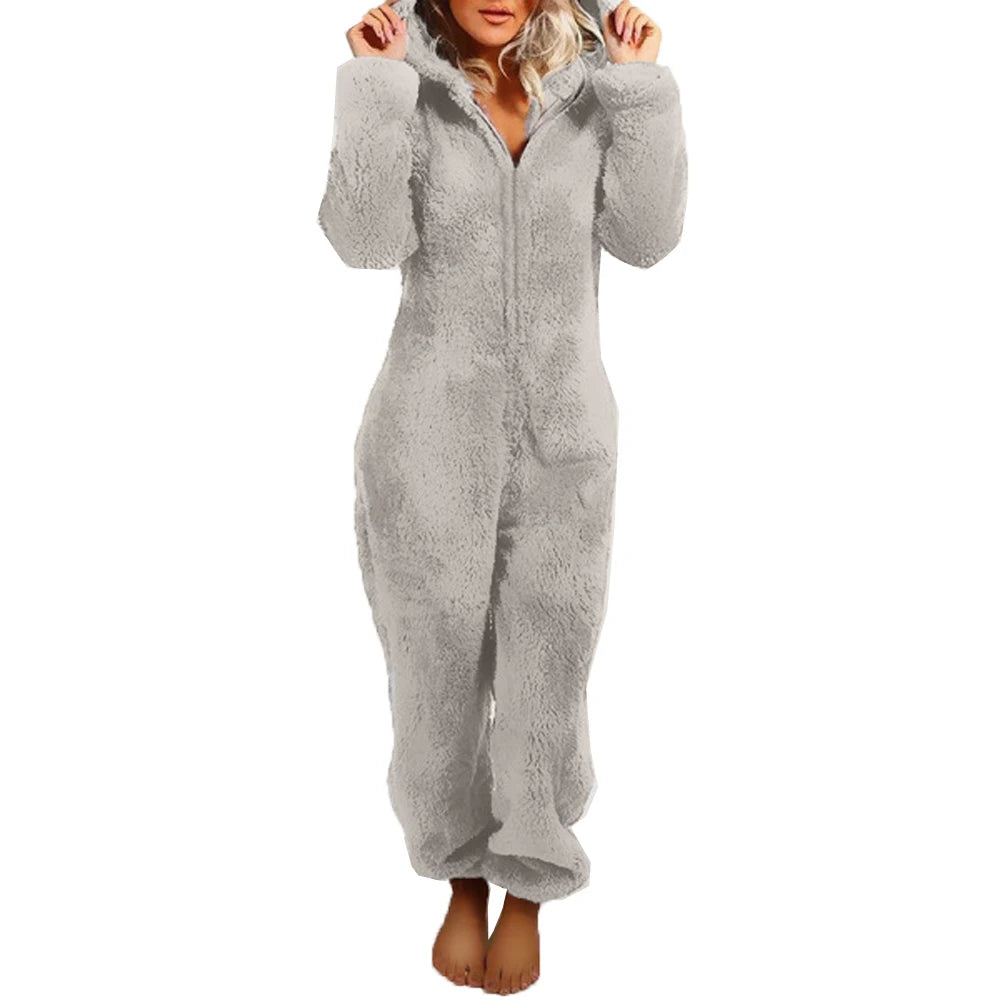 Barboteuse en peluche pour femmes, pyjama en flanelle, manches longues, fermeture éclair, col haut, chapeau, garde au chaud, vêtements de nuit pour filles, vêtements de maison, automne hiver