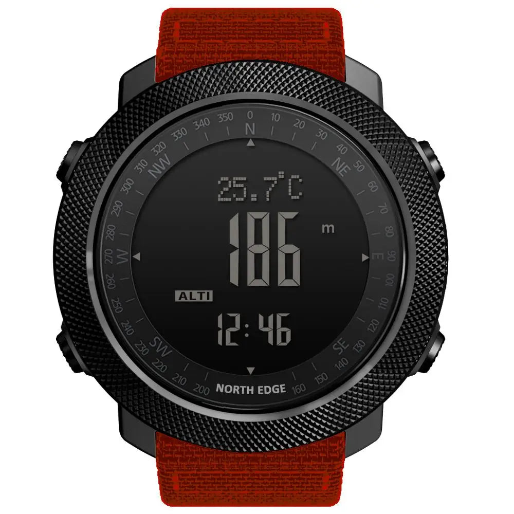 Montre connectée North Edge avec altimètre, boussole et température, bracelet rouge, idéale pour l'extérieur et le sport
