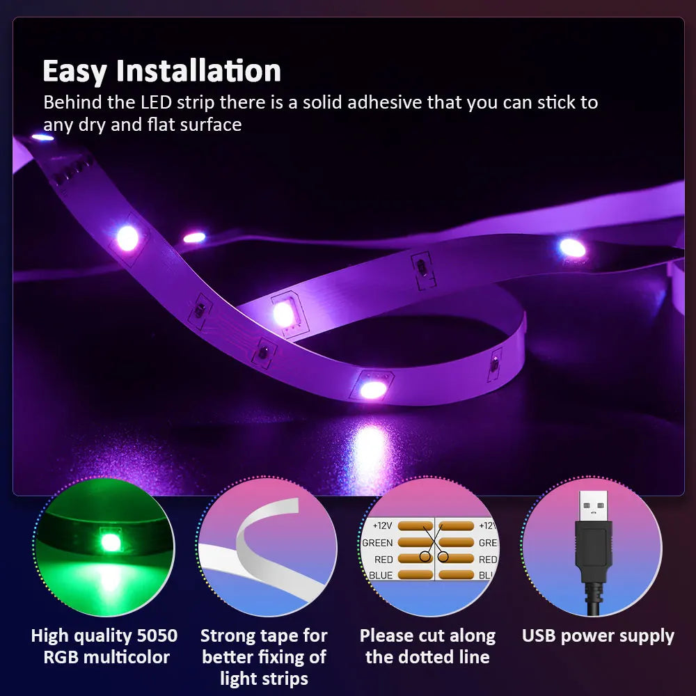 Bande LED RGB 5050 multicolore avec adhésif, alimentation USB, installation facile sur surface plane