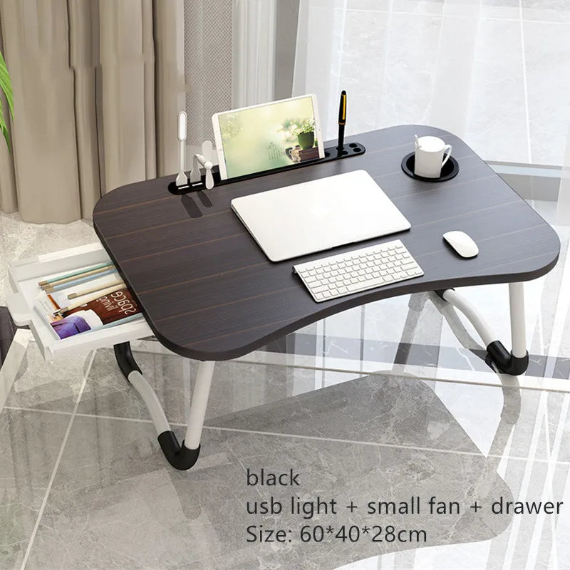 Bureau portable noir avec tiroir, lumière USB, petit ventilateur, pour laptop et tablette, idéal bureau d'appoint