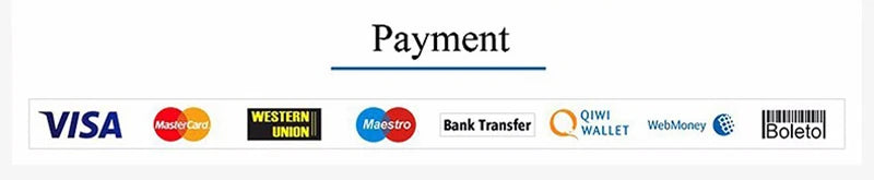 Méthodes de paiement acceptées : Visa, Mastercard, Western Union, virement bancaire, Qiwi Wallet, WebMoney, Boleto
