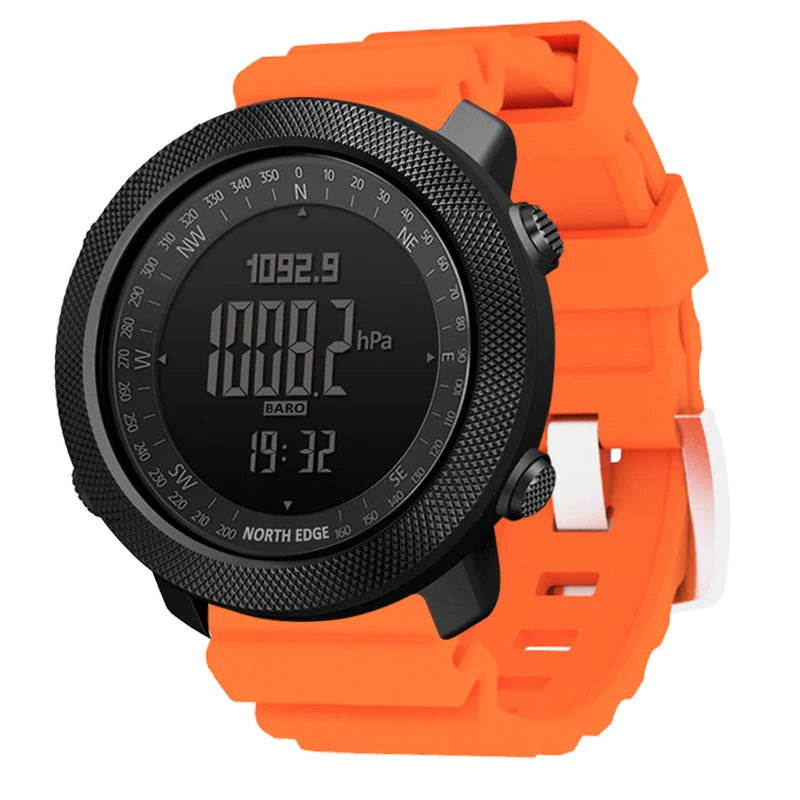 Montre connectée orange avec baromètre et boussole, affichage numérique hPa et heure, design sportif