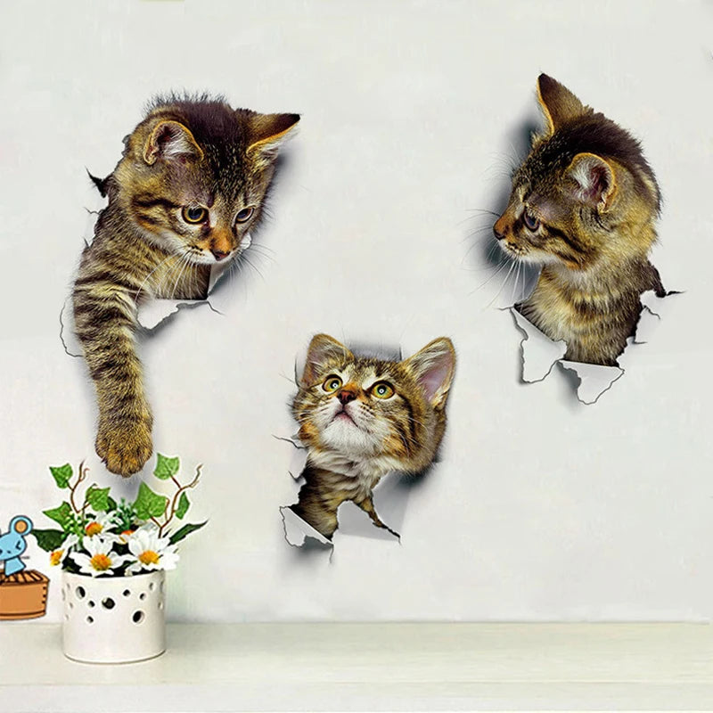 Autocollants muraux 3D chatons mignons effet trou dans le mur pour décoration intérieure