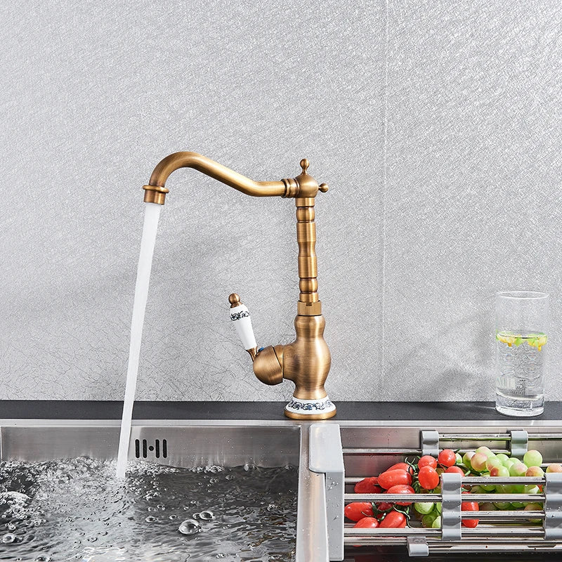 Robinet de lavabo moderne en laiton antique avec poignée en céramique, mitigeur de salle de bain, monté sur le pont, robinets d'eau chaude et froide de cuisine à 360 °, grue