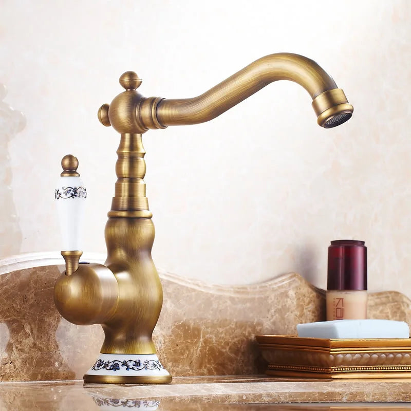 Robinet de lavabo moderne en laiton antique avec poignée en céramique, mitigeur de salle de bain, monté sur le pont, robinets d'eau chaude et froide de cuisine à 360 °, grue