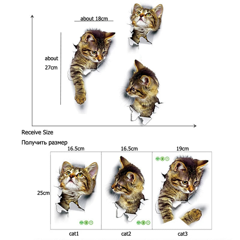 Stickers muraux chaton 3D effet trou mur, dimensions 16.5x25cm et 19x27cm, décoration murale animaux