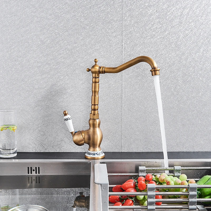 Robinet de lavabo moderne en laiton antique avec poignée en céramique, mitigeur de salle de bain, monté sur le pont, robinets d'eau chaude et froide de cuisine à 360 °, grue