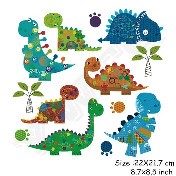 Stickers muraux dinosaures colorés pour chambre d'enfant, motifs patchwork et palmiers, 22x21,7 cm