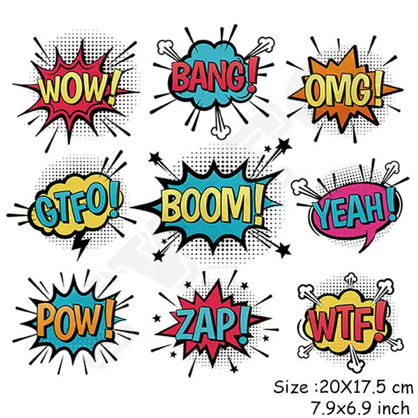Autocollants bulles BD colorées avec effets sonores comme WOW, BANG, BOOM pour décoration ou gadgets fun