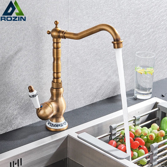 Robinet de lavabo moderne en laiton antique avec poignée en céramique, mitigeur de salle de bain, monté sur le pont, robinets d'eau chaude et froide de cuisine à 360 °, grue
