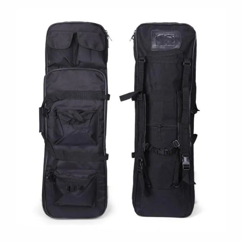 Sac de transport tactique noir avec multiples poches et sangles, idéal pour équipement outdoor ou gaming