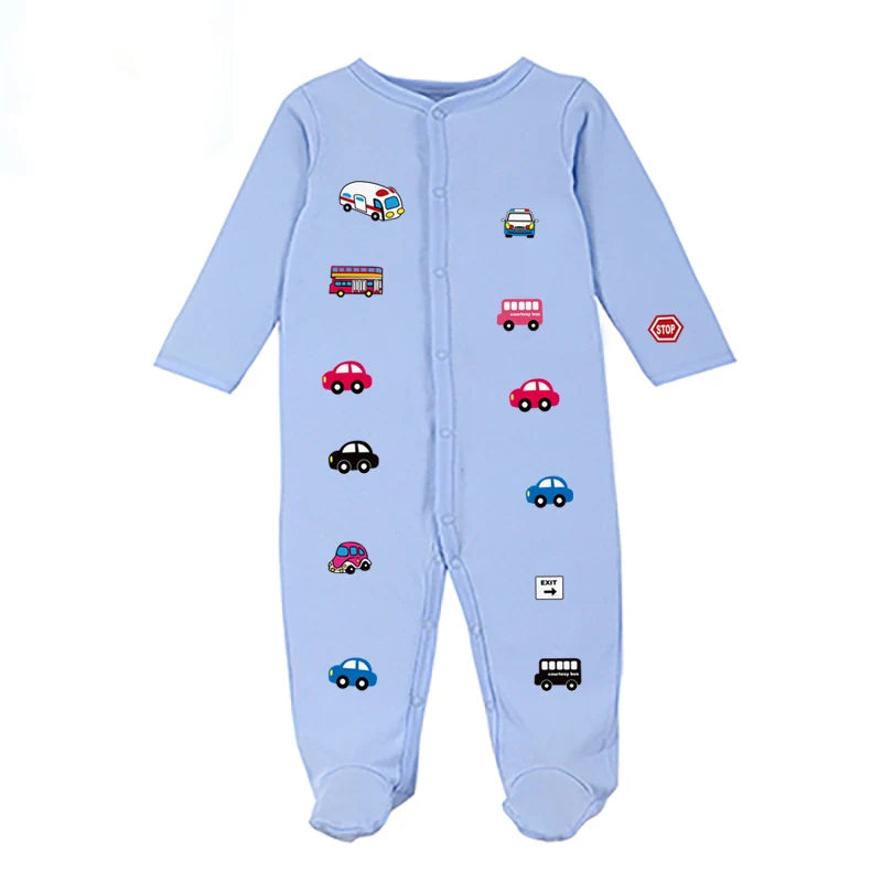 Pyjama bébé bleu à motifs voitures et panneaux routiers, manches longues, pieds inclus