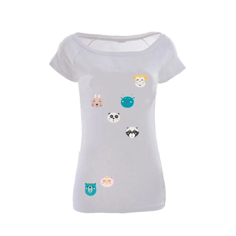 T-shirt blanc femme imprimé animaux mignons, design kawaii, idéal pour cadeau ou quotidien