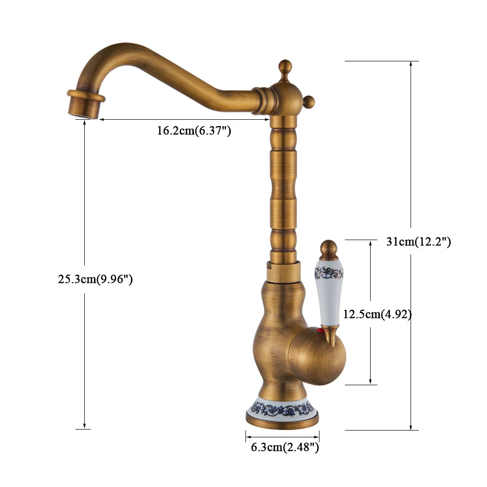Robinet de lavabo moderne en laiton antique avec poignée en céramique, mitigeur de salle de bain, monté sur le pont, robinets d'eau chaude et froide de cuisine à 360 °, grue