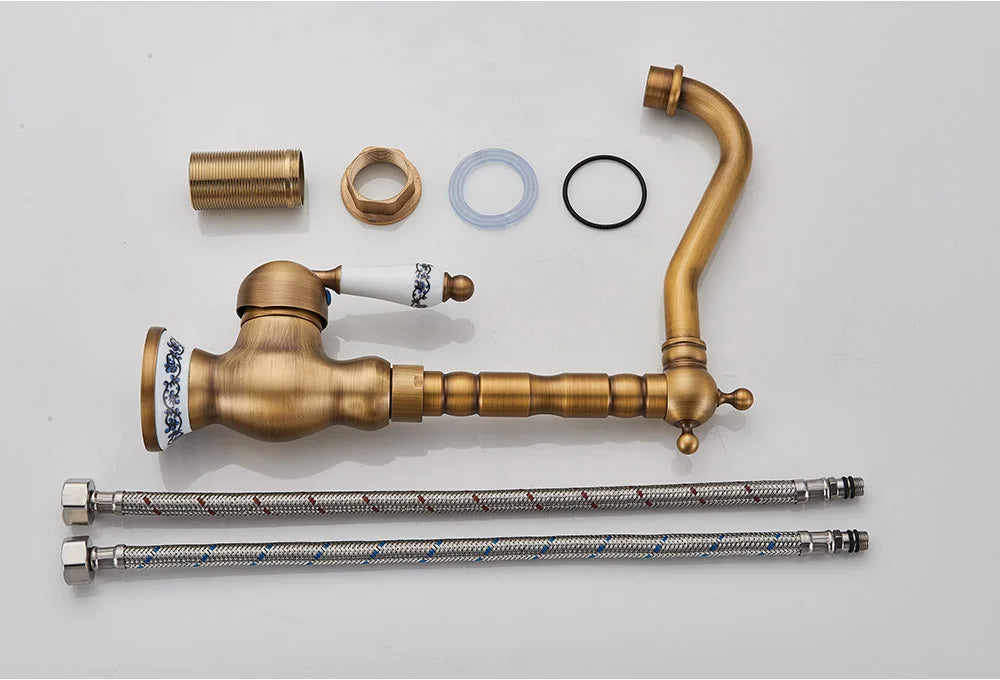 Robinet de lavabo moderne en laiton antique avec poignée en céramique, mitigeur de salle de bain, monté sur le pont, robinets d'eau chaude et froide de cuisine à 360 °, grue