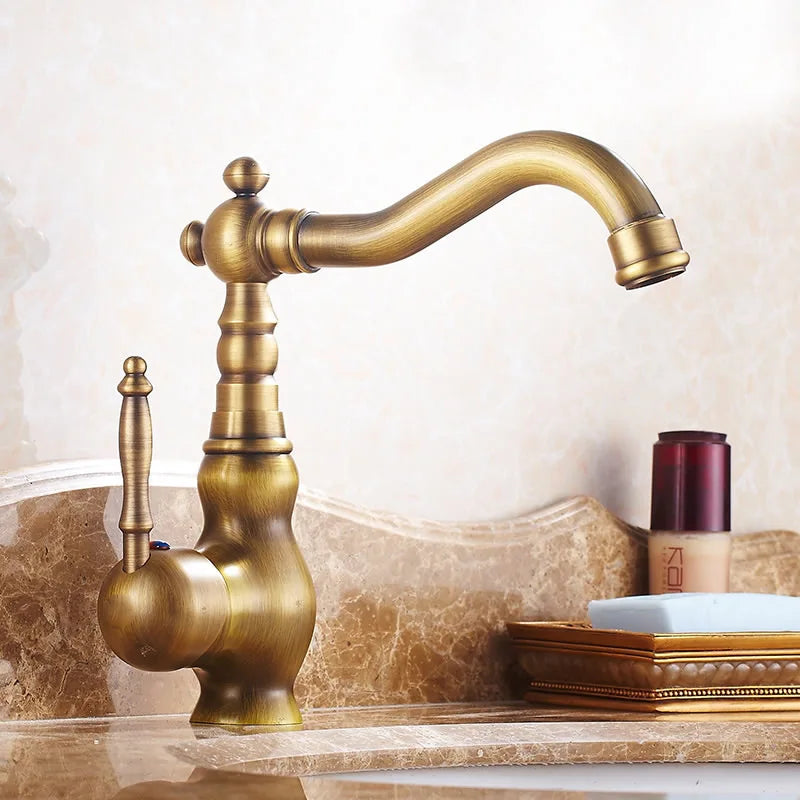Robinet de lavabo moderne en laiton antique avec poignée en céramique, mitigeur de salle de bain, monté sur le pont, robinets d'eau chaude et froide de cuisine à 360 °, grue