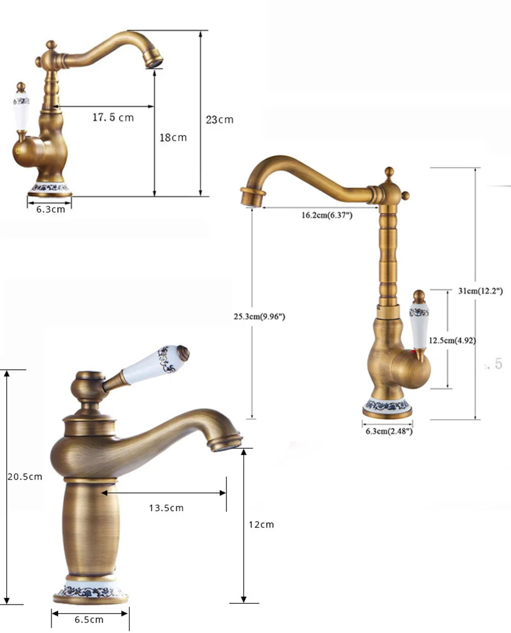 Robinet de lavabo moderne en laiton antique avec poignée en céramique, mitigeur de salle de bain, monté sur le pont, robinets d'eau chaude et froide de cuisine à 360 °, grue