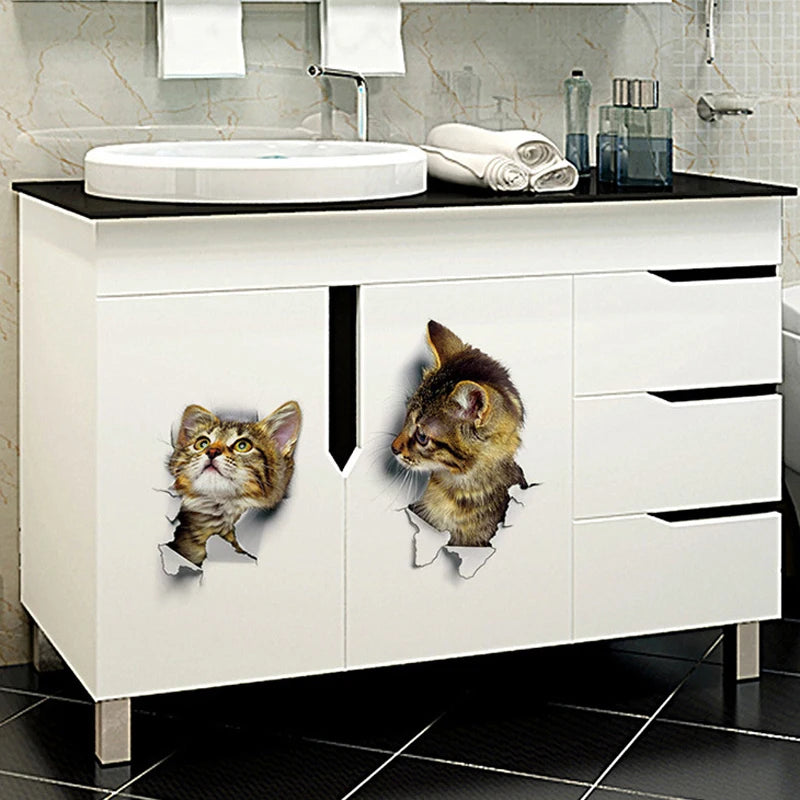 Stickers 3D chats mignons pour meuble salle de bain, décoration murale humoristique et moderne