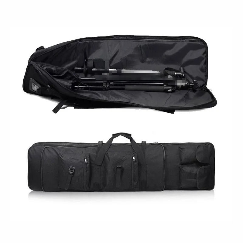 Sac de transport noir pour trépied photo ou vidéo, avec compartiments et poignées, idéal pour équipement professionnel