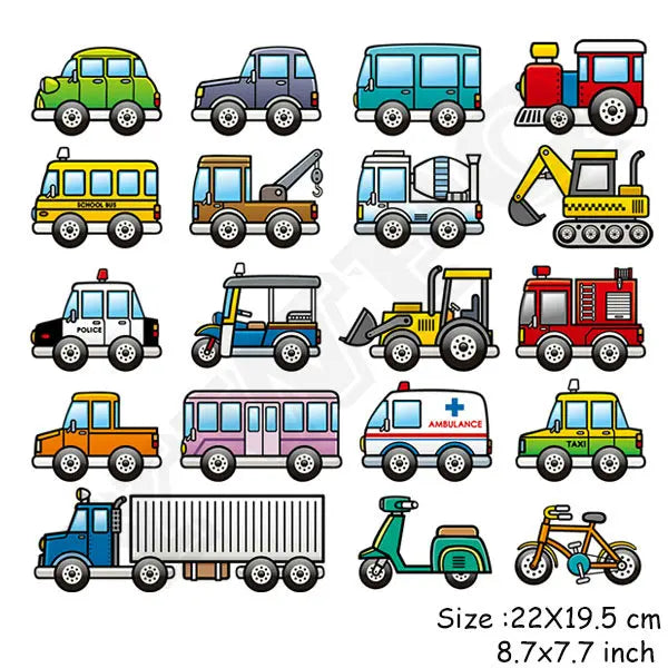 Ensemble de véhicules dessinés pour enfants : voiture, camion, ambulance, taxi, tracteur, vélo et plus
