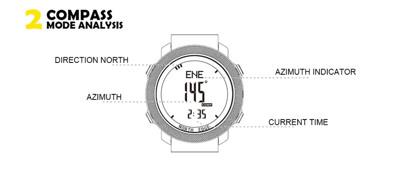 Montre numérique avec boussole intégrée, affichage azimut et heure actuelle pour navigation outdoor