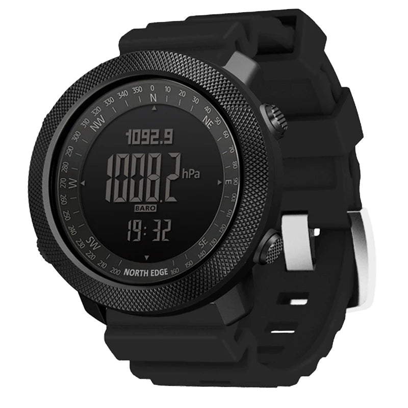 Montre connectée noire avec baromètre et boussole, affichage numérique hPa et heure, design robuste pour sport outdoor