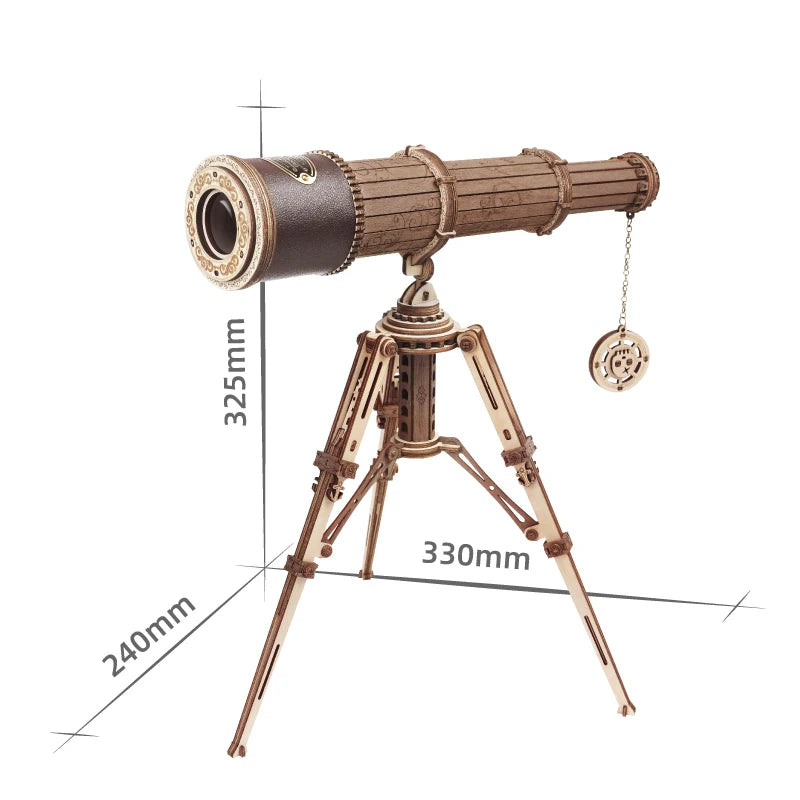 Télescope en bois mécanique avec trépied, dimensions 325x330x240mm, gadget high-tech décoratif