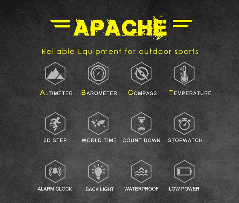 Montre Apache pour sports outdoor : altimètre, boussole, étanche, compteur pas, chronomètre