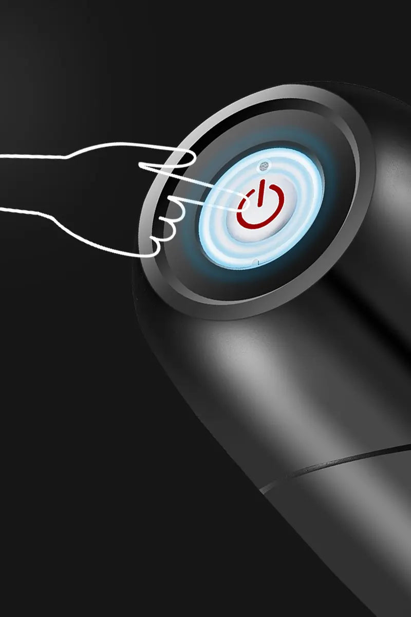 Bouton marche/arrêt lumineux sur gadget high-tech noir, activation tactile avec effet lumière bleue