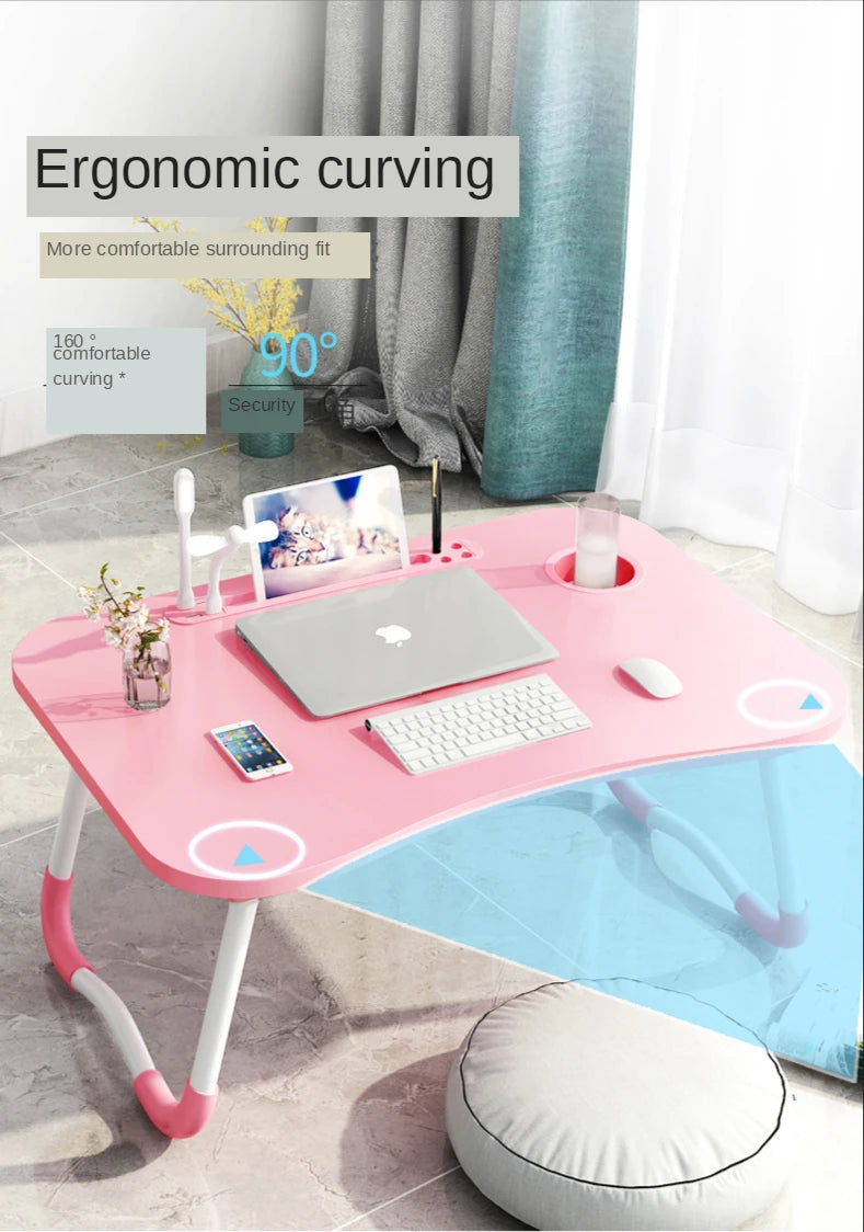 Bureau portable rose ergonomique avec courbure 160°, idéal pour laptop et travail au lit