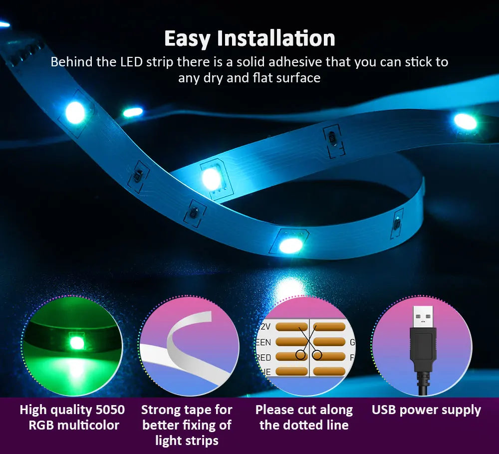 Bandes LED RGB multicolores 5050 avec adhésif, alimentation USB et découpe facile pour installation simple