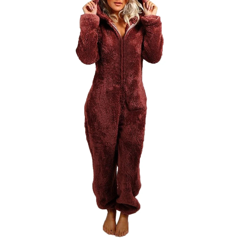 Barboteuse en peluche pour femmes, pyjama en flanelle, manches longues, fermeture éclair, col haut, chapeau, garde au chaud, vêtements de nuit pour filles, vêtements de maison, automne hiver