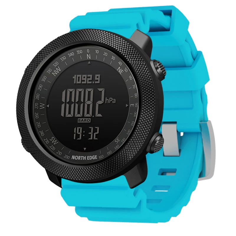 Montre connectée bleue avec baromètre et boussole, affichage numérique hPa et heure, design sportif robuste