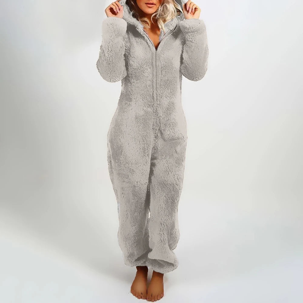 Barboteuse en peluche pour femmes, pyjama en flanelle, manches longues, fermeture éclair, col haut, chapeau, garde au chaud, vêtements de nuit pour filles, vêtements de maison, automne hiver