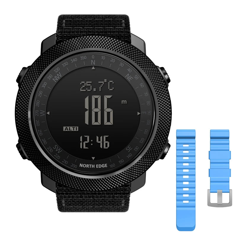 Montre connectée North Edge noire avec altimètre, température et deux bracelets bleus interchangeables