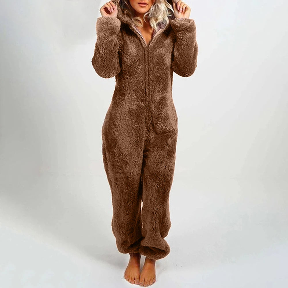 Barboteuse en peluche pour femmes, pyjama en flanelle, manches longues, fermeture éclair, col haut, chapeau, garde au chaud, vêtements de nuit pour filles, vêtements de maison, automne hiver