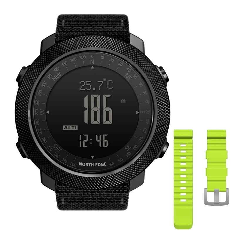 Montre connectée North Edge noire avec altimètre, température et boussole, bracelet vert lime inclus