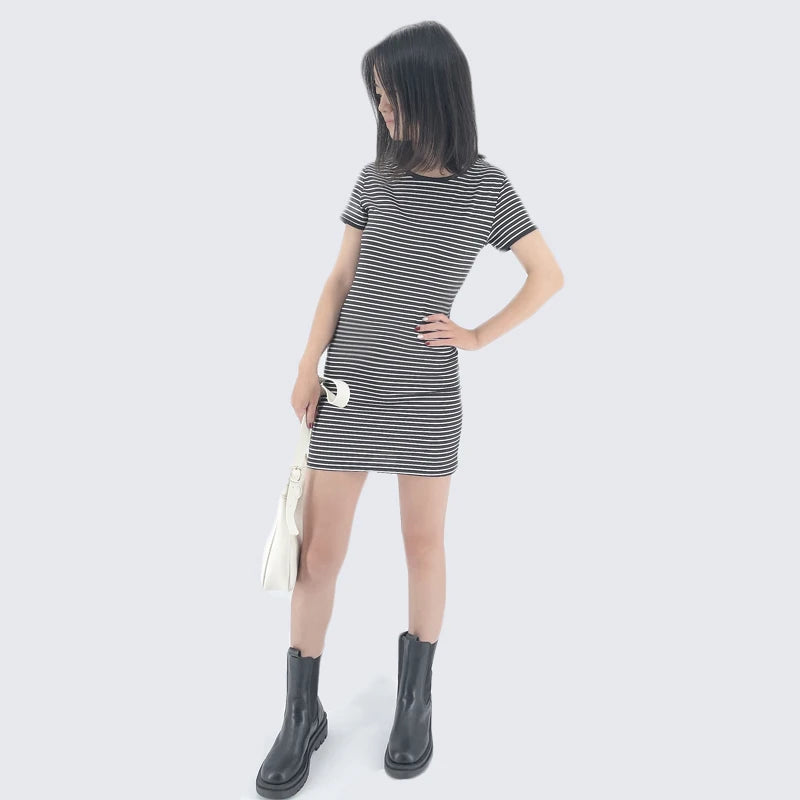 Robe d'été à manches courtes, col rond, à rayures noires et blanches, décontractée, élégante, fourreau, Slim, Stock