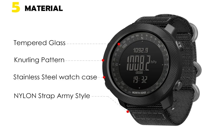Montre connectée militaire avec verre trempé, boîtier acier inoxydable et bracelet nylon style armée