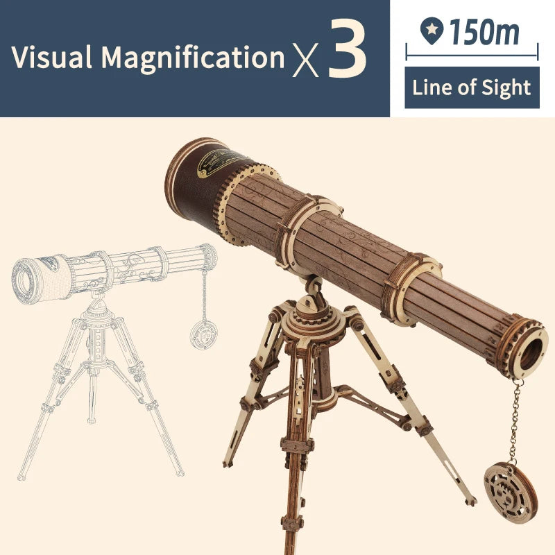 Télescope en bois avec grossissement x3 et portée 150m, idéal pour observation astronomique ou terrestre