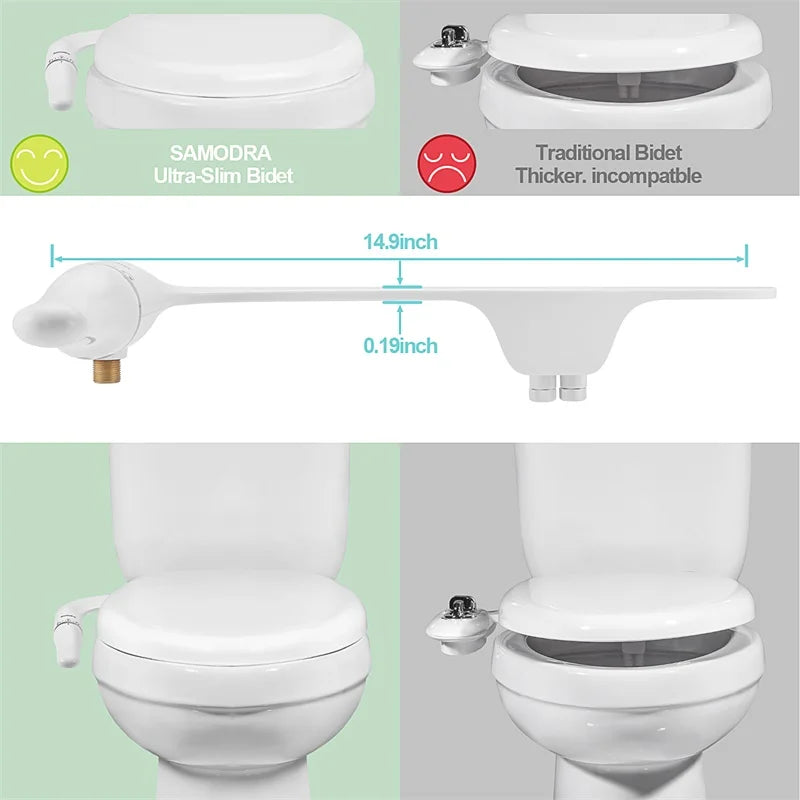 SAMODRA Bidet de toilette Ultra-mince, fixation de siège de toilette avec entrée en laiton, pression d'eau réglable, salle de bain, douche hygiénique