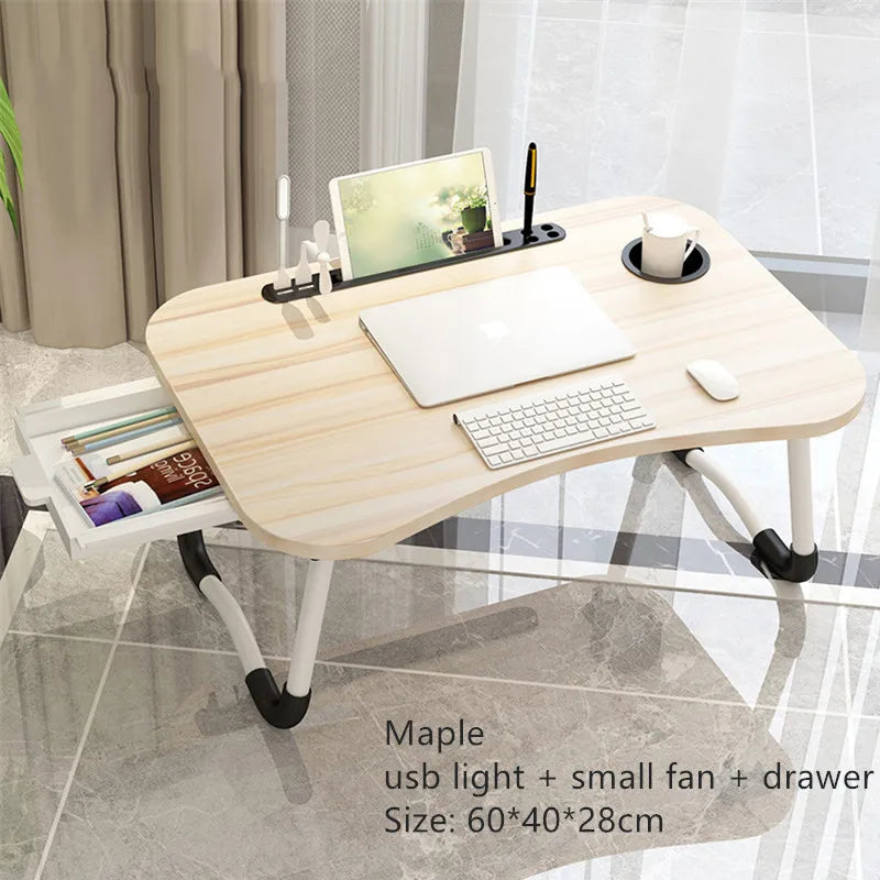 Bureau portable en bois clair avec tiroir, lampe USB, ventilateur et support tablette pour ordinateur portable