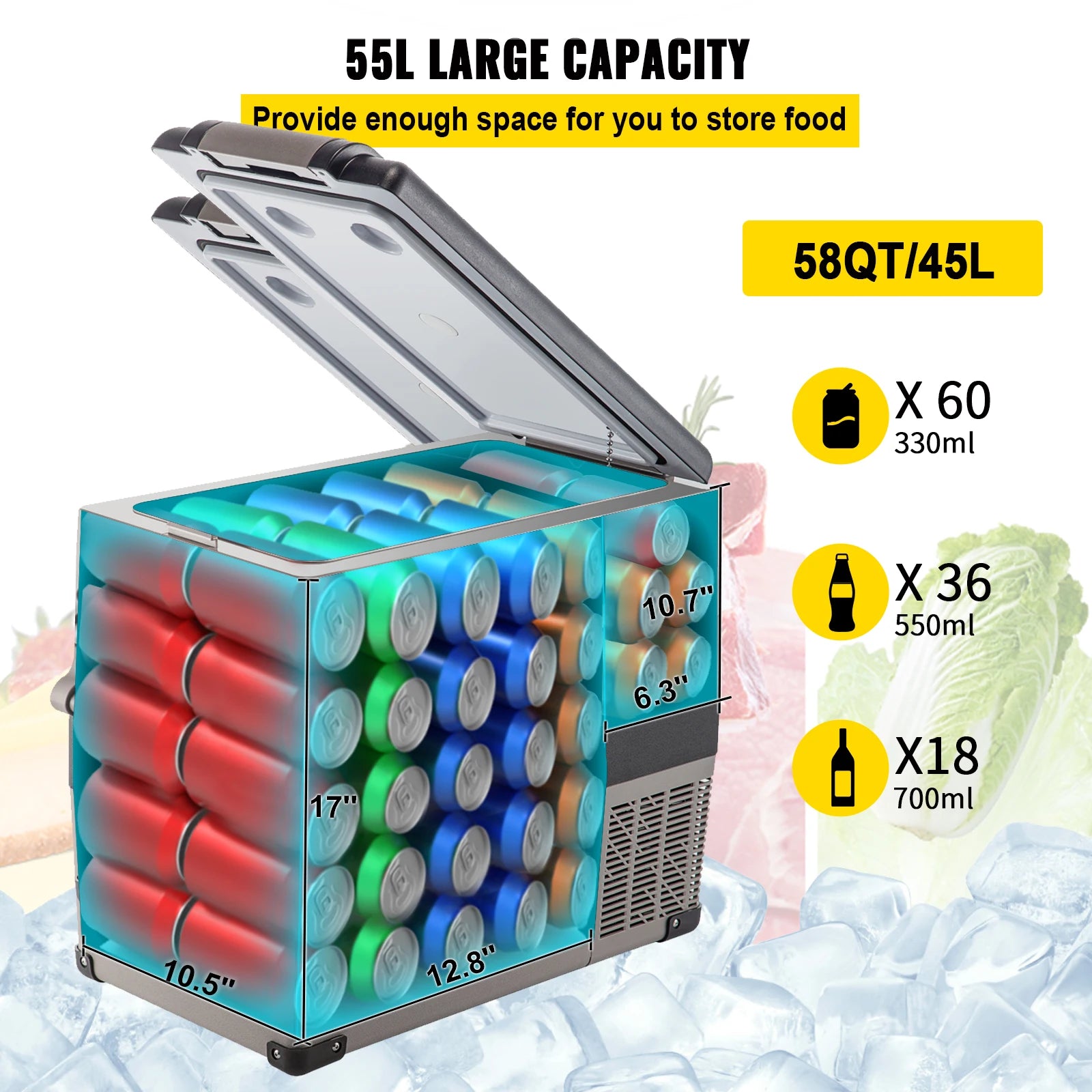 Congélateur portable 55L avec capacité grande pour boissons et aliments, idéal pour camping ou voyage