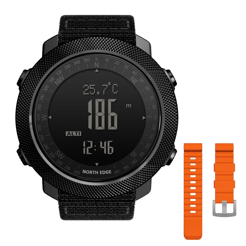Montre connectée North Edge noire avec altimètre, température et boussole, bracelet orange inclus